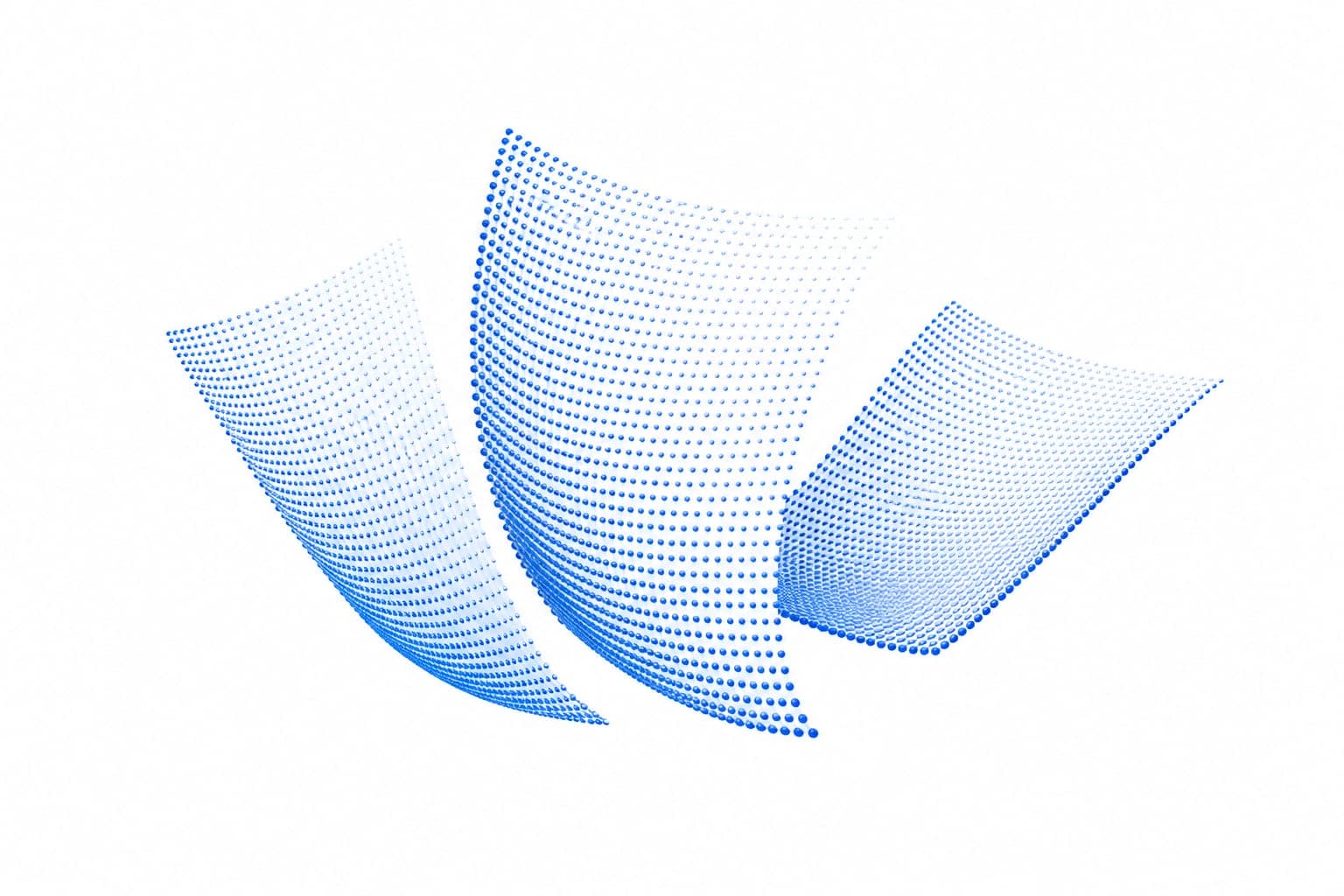 Three curved sheets formed from blue dots, resolving from scattered points into ordered rows.