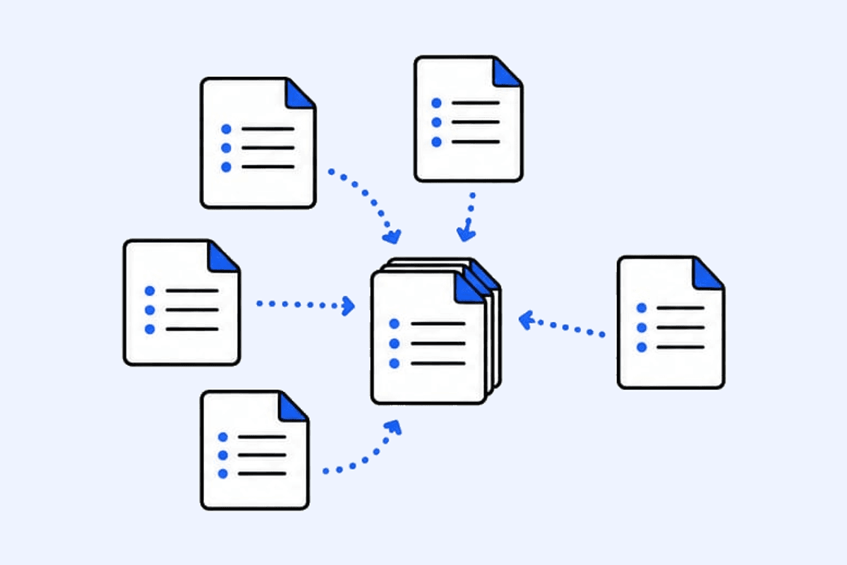 Page fragments converge into an ordered stack.