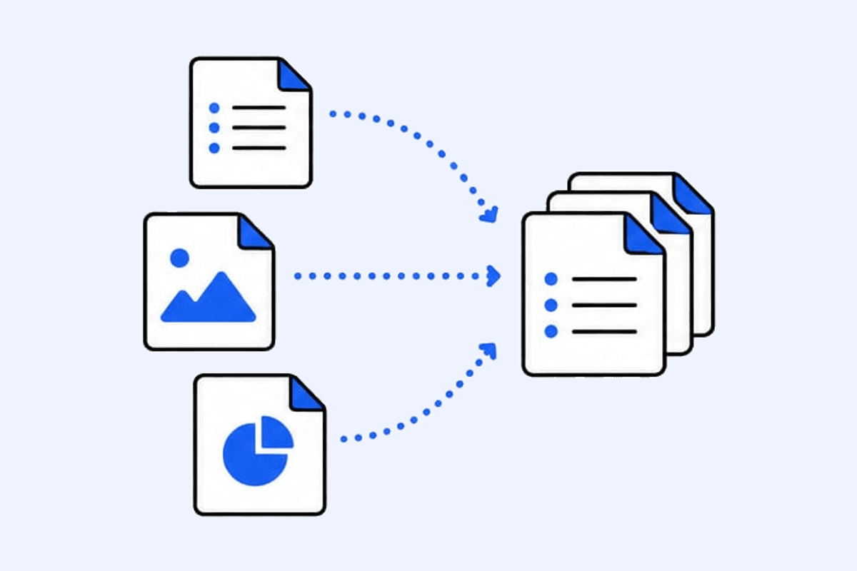 Three source shapes feed a structured group of pages.
